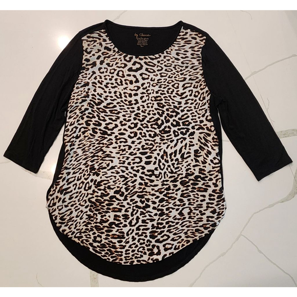 Chico's Leopard Print Tunic Top Size 2 (US 12/L) Black Contrast Sleeves High-Low - Picture 6 of 11